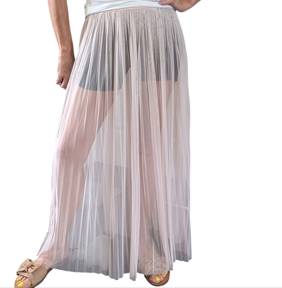 H&M Limited Edition SHEER Mesh Pleated Long Pastel Pink Festival Skirt Size 4 - Picture 6 of 15
